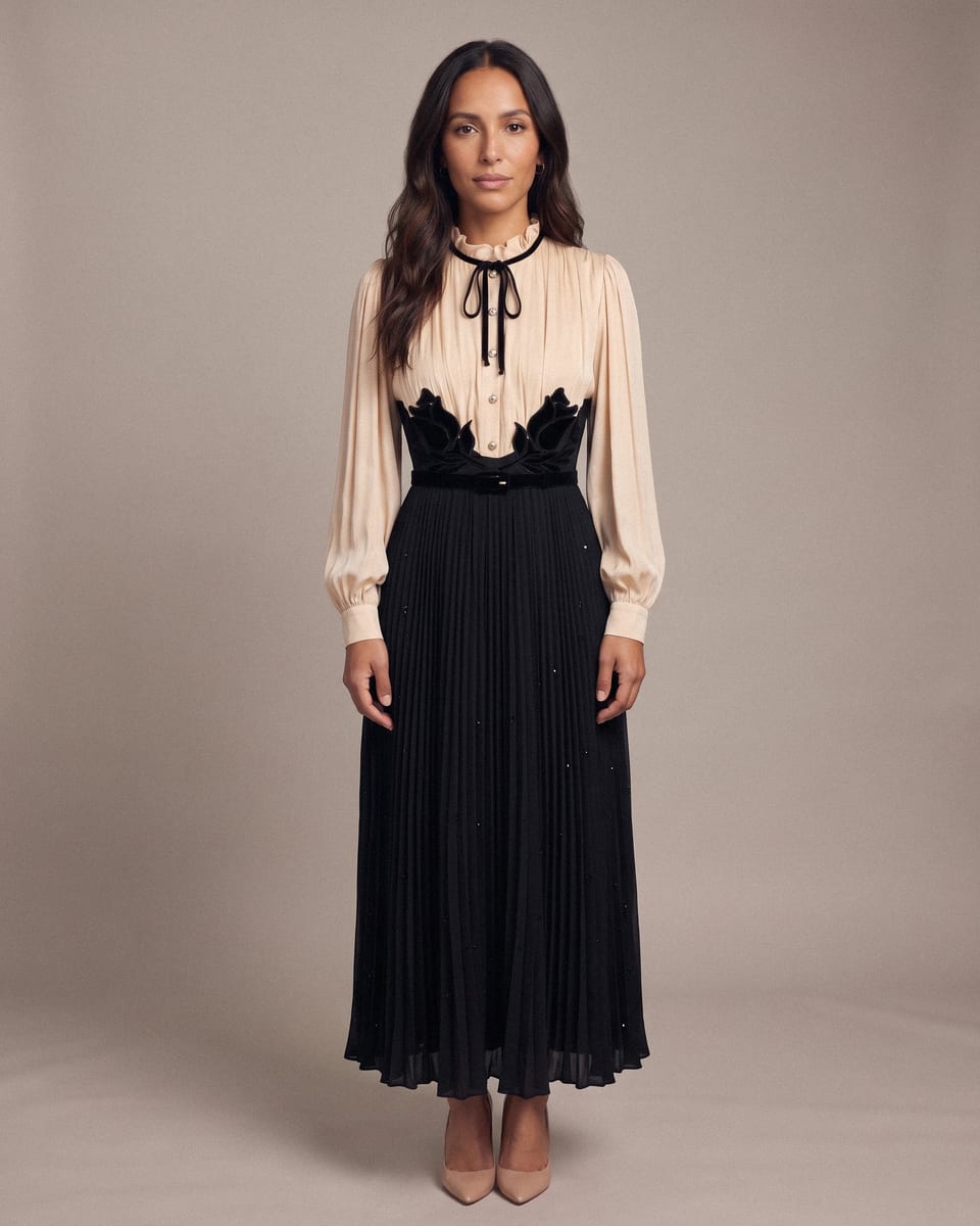 Robe plissée, ivoire et noir, portée, mains jointes devant